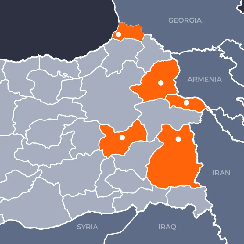 Map of Eastern Turkey with the provinces our follow-up teams serve highlighted in orange