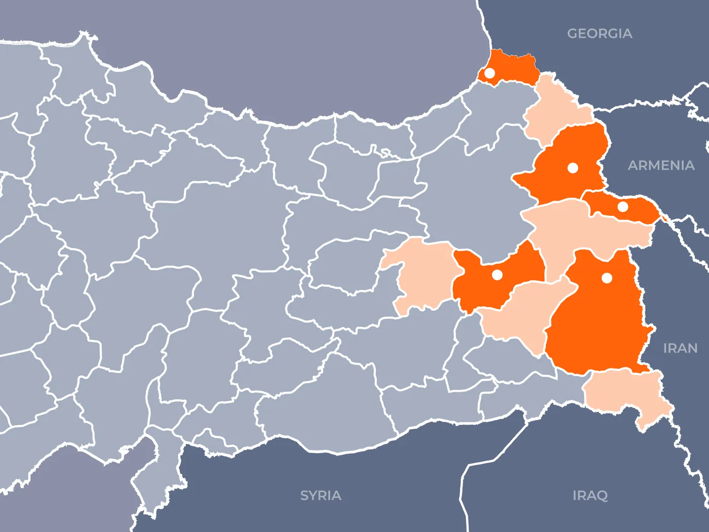Map of Eastern Turkey with the provinces the network serves highlighted in orange